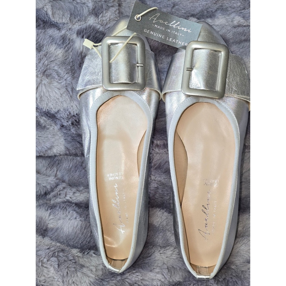 NWT Avellini Made in Italy‎ Silver Metallic Leather Buckle Ballet Flats Size 7.5